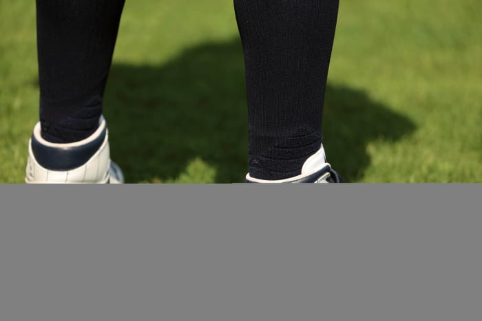 New York Yankees right fielder Alex Verdugo's white and Navy Air Jordan cleats.